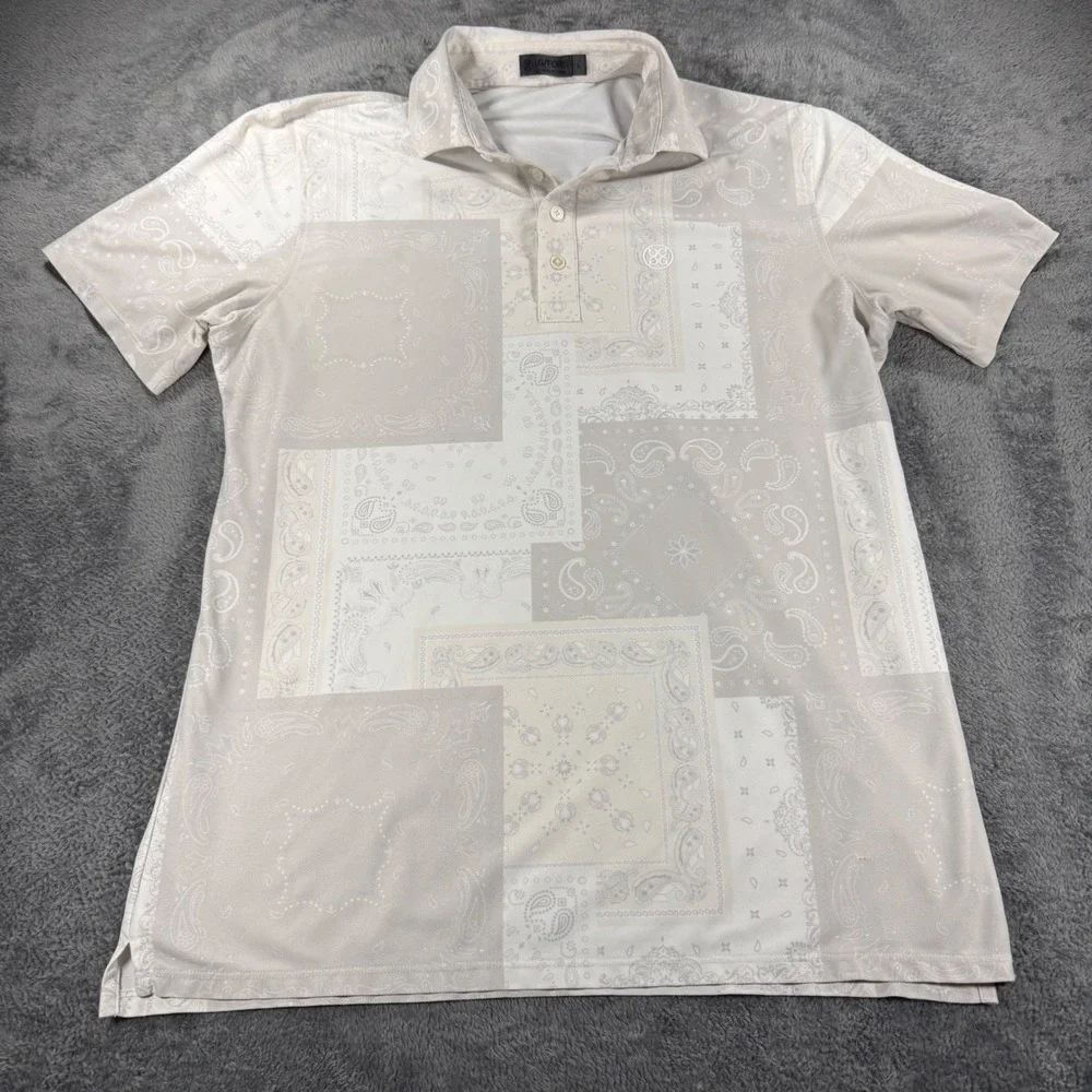 G/FORE Mens Bandana Patchwork Golf Polo Shirt Stone Grey Large Black Hawk Logo - Picture 1 of 7